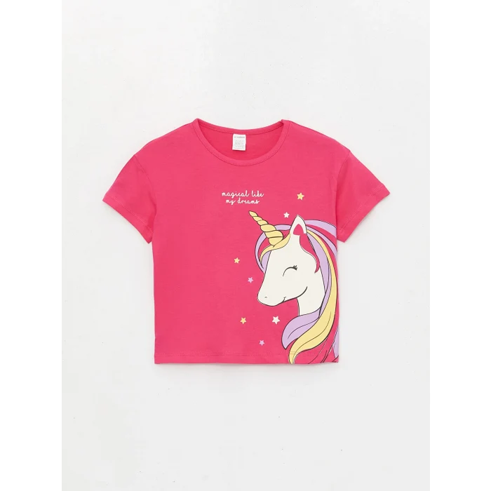 LCW Kids Fuşya Bisiklet Yaka Baskılı Kısa Kollu Kız Bebek Tişört
