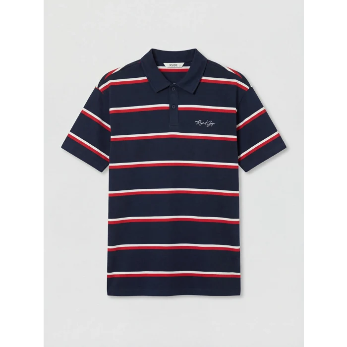 XSIDE Lacivert Polo Yaka Çizgili Erkek Tişört
