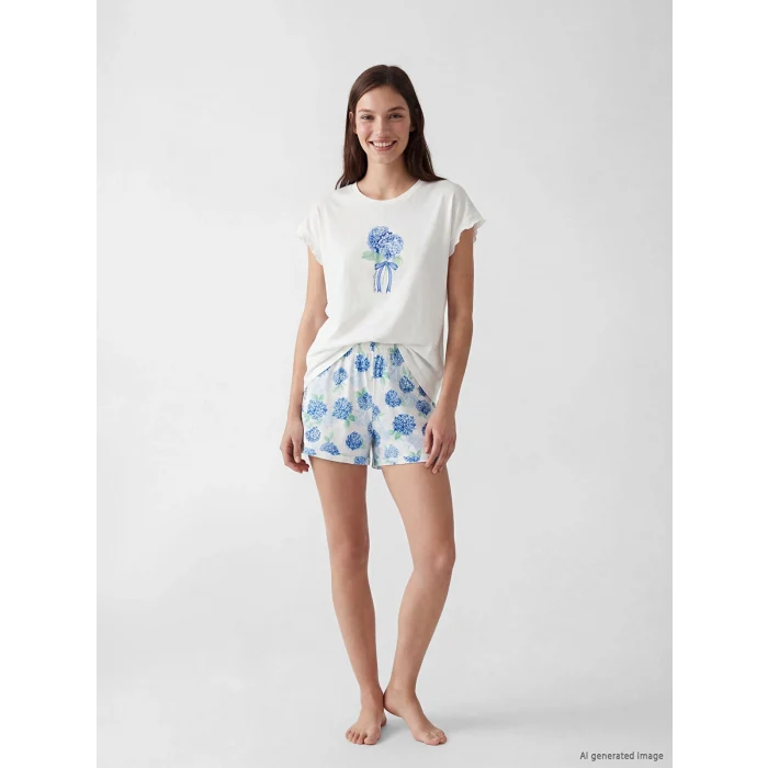 LCW DREAM Ekru Çiçekli Kadın Şortlu Pijama Takımı