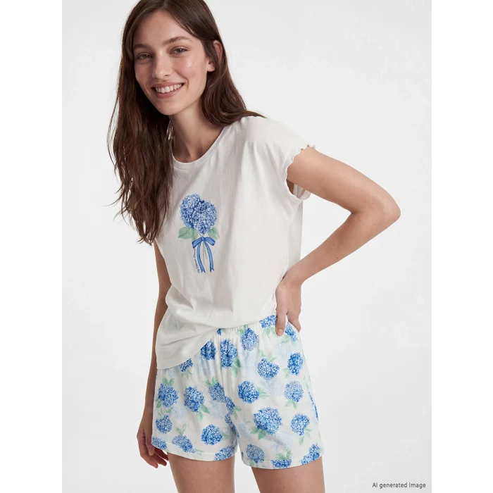 LCW DREAM Ekru Çiçekli Kadın Şortlu Pijama Takımı