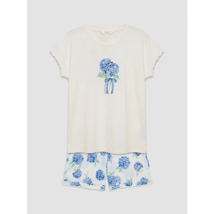 LCW DREAM Ekru Çiçekli Kadın Şortlu Pijama Takımı