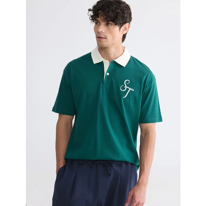 XSIDE Yeşil Rahat Fit Nakışlı Polo Yaka Erkek Tişört