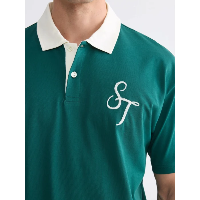 XSIDE Yeşil Rahat Fit Nakışlı Polo Yaka Erkek Tişört