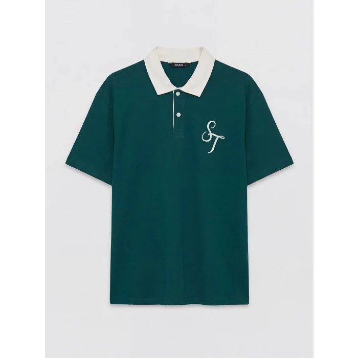 XSIDE Yeşil Rahat Fit Nakışlı Polo Yaka Erkek Tişört