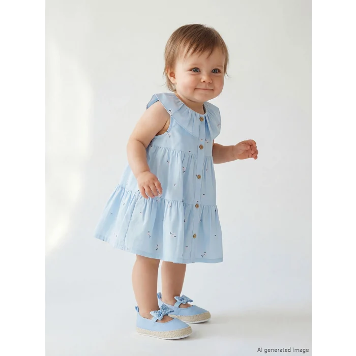 LCW baby Mavi Bebe Yaka Çiçekli Kız Bebek Elbise