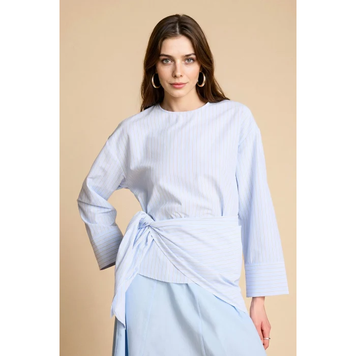 Defacto H1876AXBE745 Mavi Regular Fıt Poplin Uzun Kollu Tunik