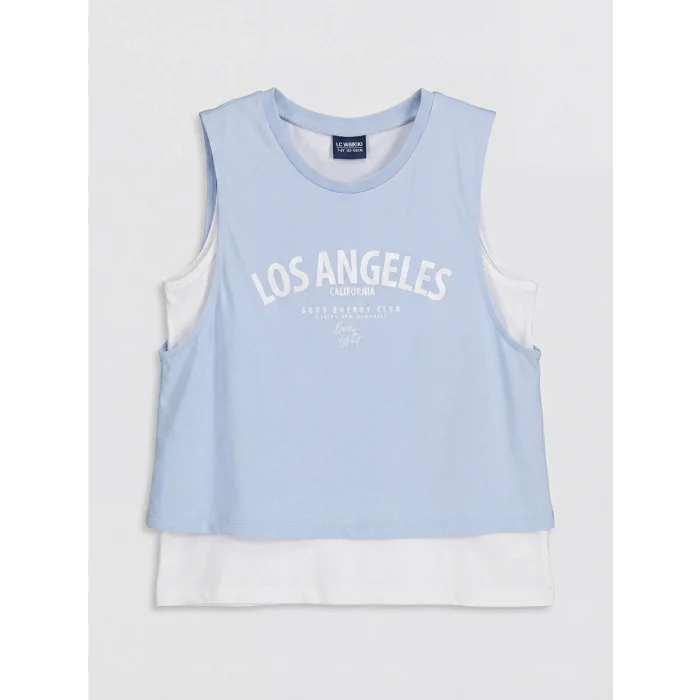 LCW Kids Mavi Bisiklet Yaka Los Angeles Baskılı Kız Çocuk Atlet