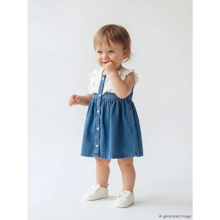 LCW baby Mavi Bebe Yaka Nakışlı Kız Bebek Jean Elbise