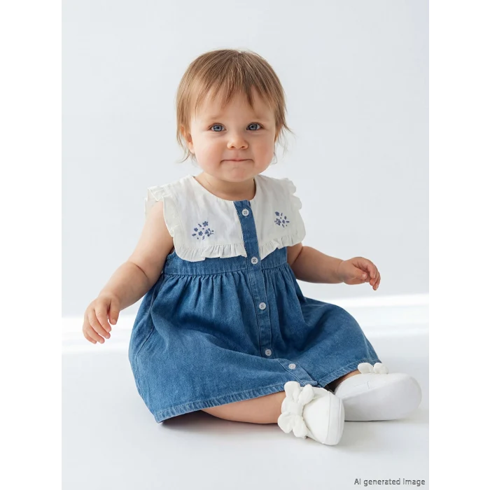 LCW baby Mavi Bebe Yaka Nakışlı Kız Bebek Jean Elbise