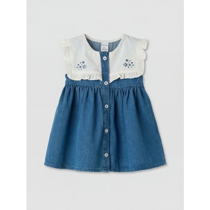 LCW baby Mavi Bebe Yaka Nakışlı Kız Bebek Jean Elbise