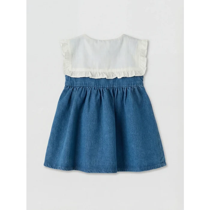 LCW baby Mavi Bebe Yaka Nakışlı Kız Bebek Jean Elbise