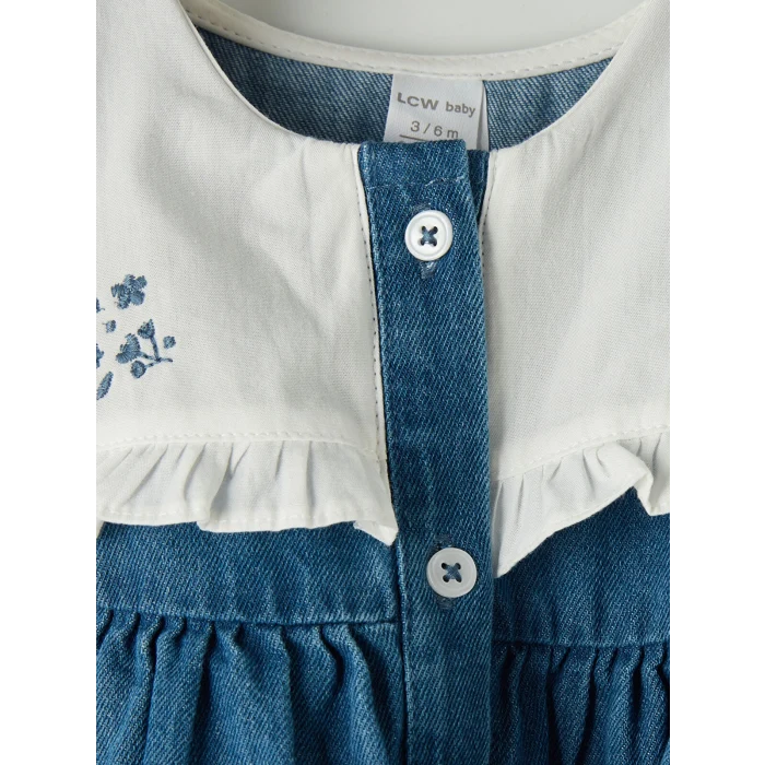 LCW baby Mavi Bebe Yaka Nakışlı Kız Bebek Jean Elbise