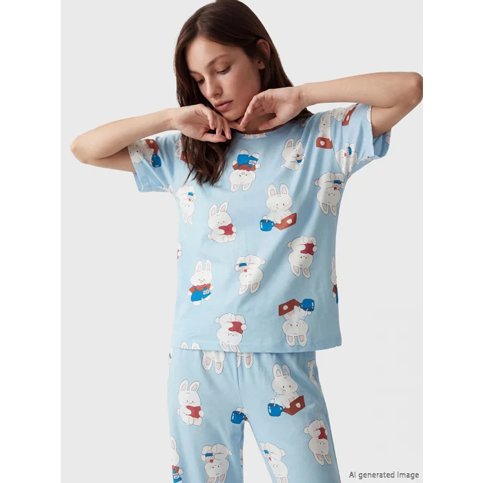 LCW Young Mavi Bisiklet Yaka Baskılı Kadın Pijama Takımı