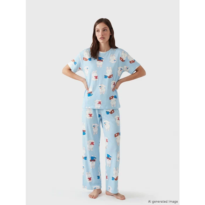 LCW Young Mavi Bisiklet Yaka Baskılı Kadın Pijama Takımı