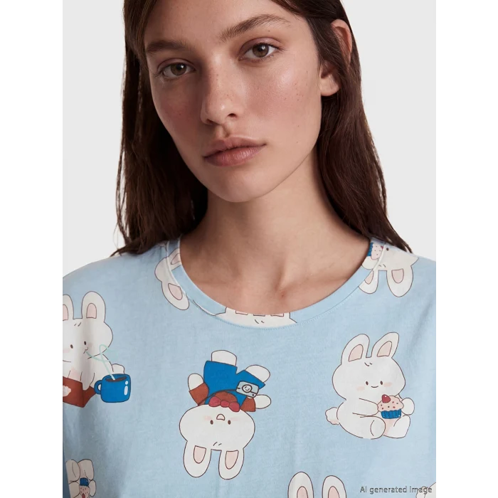 LCW Young Mavi Bisiklet Yaka Baskılı Kadın Pijama Takımı