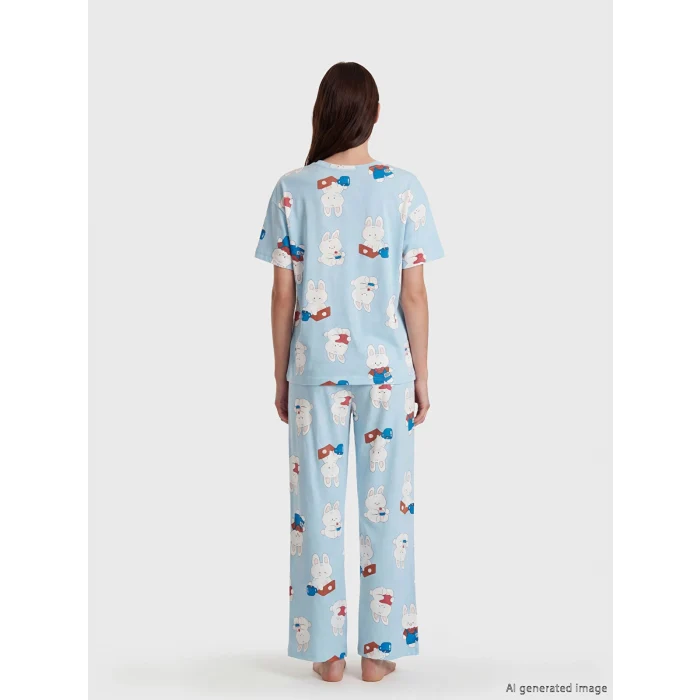 LCW Young Mavi Bisiklet Yaka Baskılı Kadın Pijama Takımı