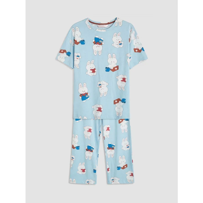 LCW Young Mavi Bisiklet Yaka Baskılı Kadın Pijama Takımı