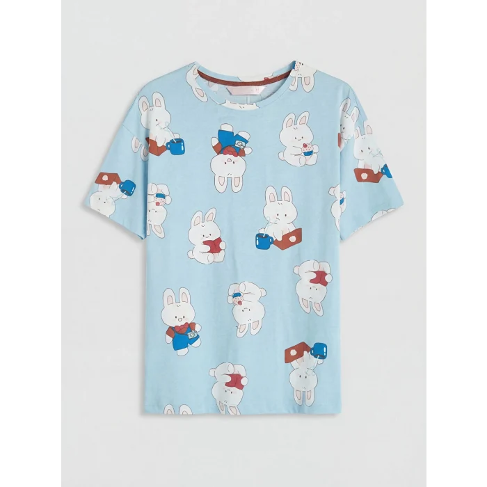 LCW Young Mavi Bisiklet Yaka Baskılı Kadın Pijama Takımı