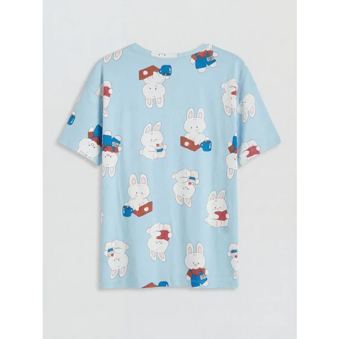 LCW Young Mavi Bisiklet Yaka Baskılı Kadın Pijama Takımı