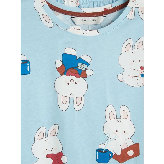 LCW Young Mavi Bisiklet Yaka Baskılı Kadın Pijama Takımı