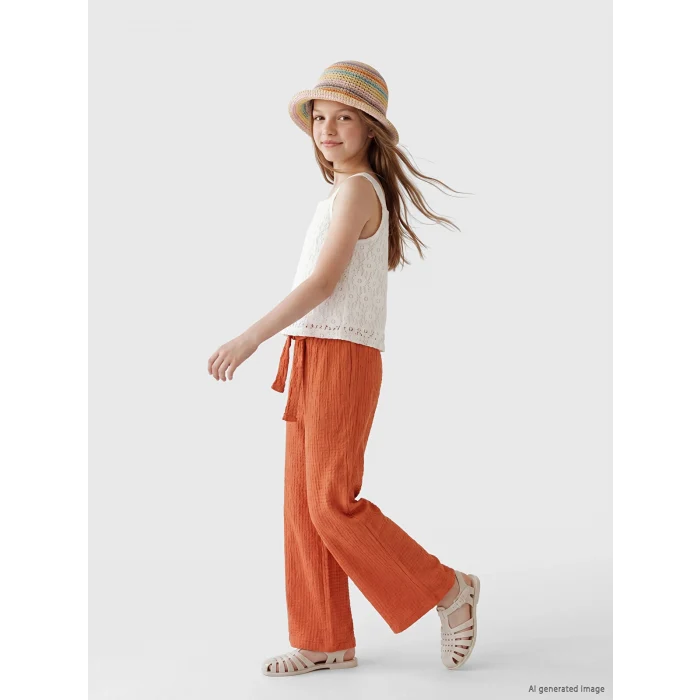 LCW Kids Turuncu Geniş Paça Kız Çocuk Dokulu Pantolon