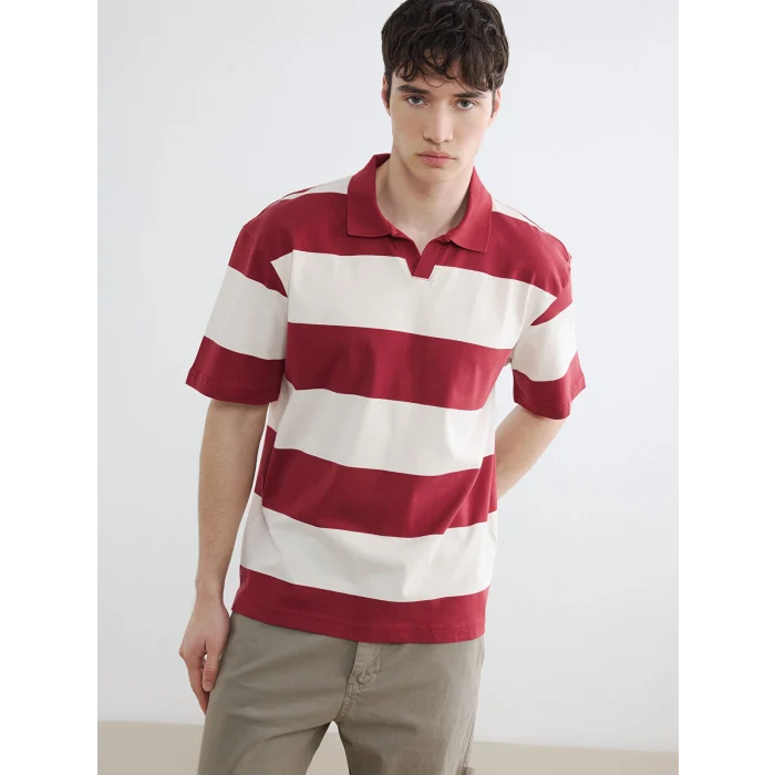 XSIDE Bordo Rahat Fit Polo Yaka Çizgili Erkek Tişört