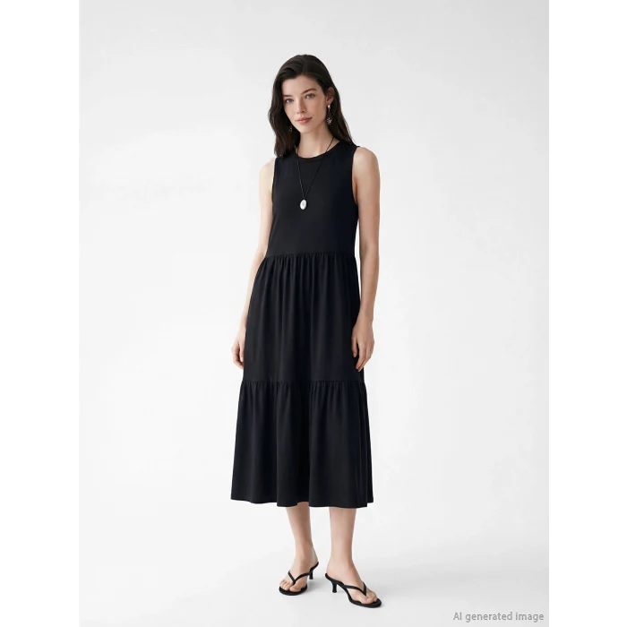 LCW Comfort Siyah Bisiklet Yaka Katkat Elbise
