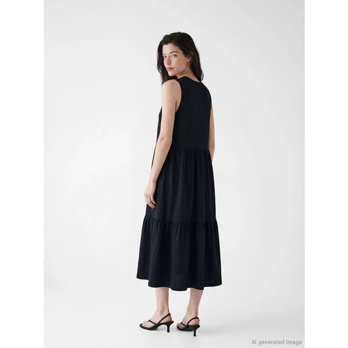LCW Comfort Siyah Bisiklet Yaka Katkat Elbise