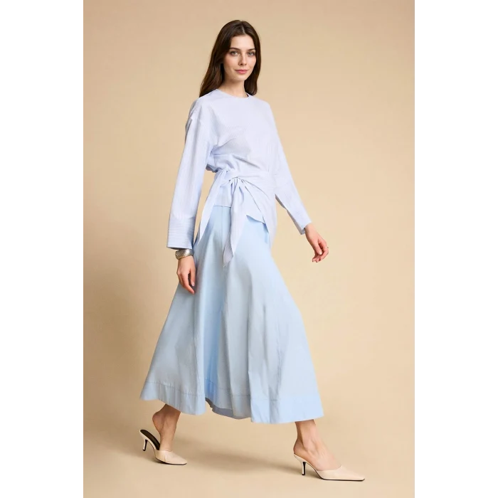Defacto H1920AXBE745 Mavi A Kesim Poplin Maxi Etek
