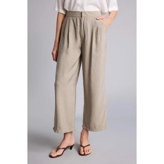 Defacto H1929AXKH341 Haki Wıde Leg Fermuarlı Normal Bel Düz Paça Tencel Pantolon
