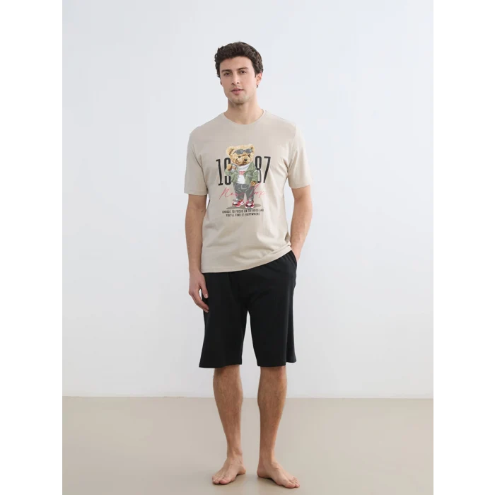 LC WAIKIKI Gri Bisiklet Yaka Teddy Baskılı Erkek Şortlu Pijama Takımı