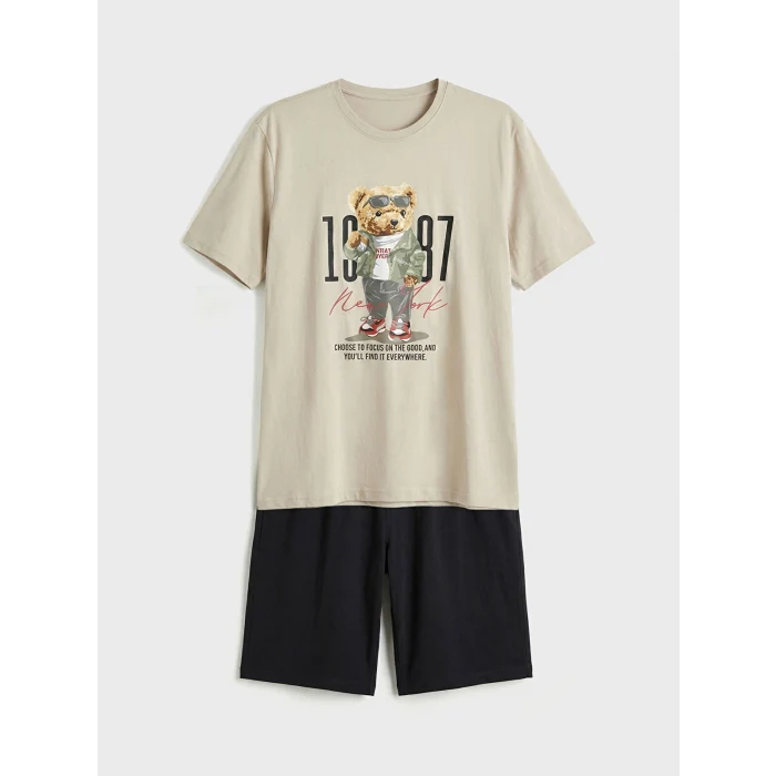 LC WAIKIKI Gri Bisiklet Yaka Teddy Baskılı Erkek Şortlu Pijama Takımı