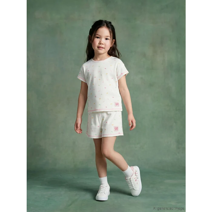 LCW Kids Ekru Beli Lastikli Desenli Kız Çocuk Şort