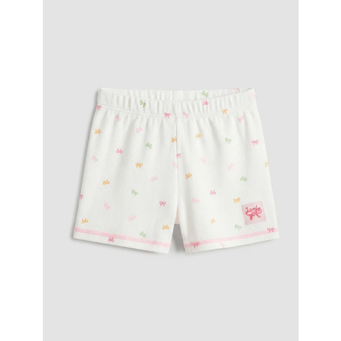 LCW Kids Ekru Beli Lastikli Desenli Kız Çocuk Şort