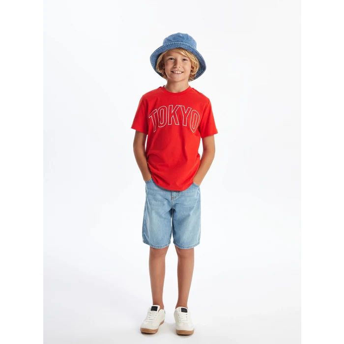 LCW Kids Kırmızı Bisiklet Yaka Baskılı Kısa Kollu Erkek Çocuk Tişört