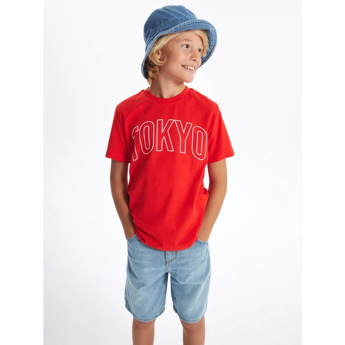 LCW Kids Kırmızı Bisiklet Yaka Baskılı Kısa Kollu Erkek Çocuk Tişört