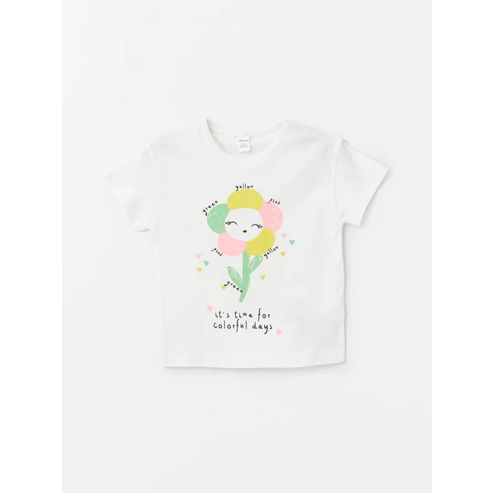 LCW Kids Beyaz Bisiklet Yaka Baskılı Kısa Kollu Kız Bebek Tişört