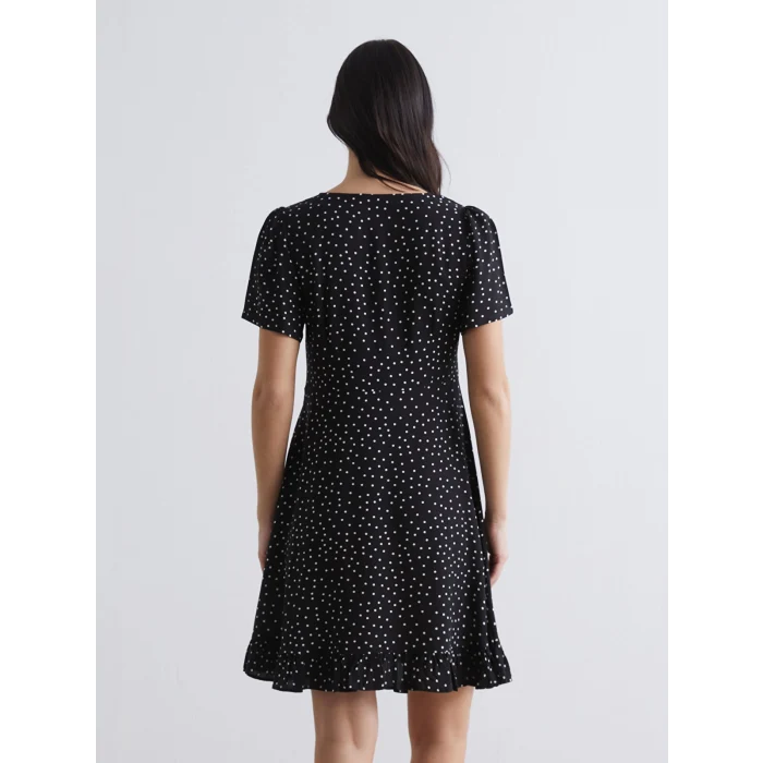LCW Comfort Siyah V Yaka Puantiyeli Fırfırlı Mini Elbise
