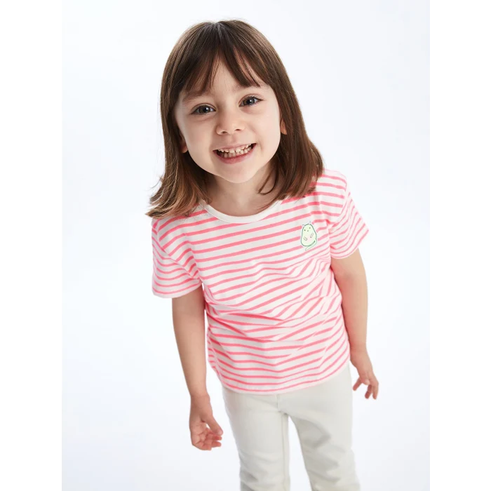 LCW Kids Pembe Bisiklet Yaka Kısa Kollu Çizgili Kız Bebek Tişört