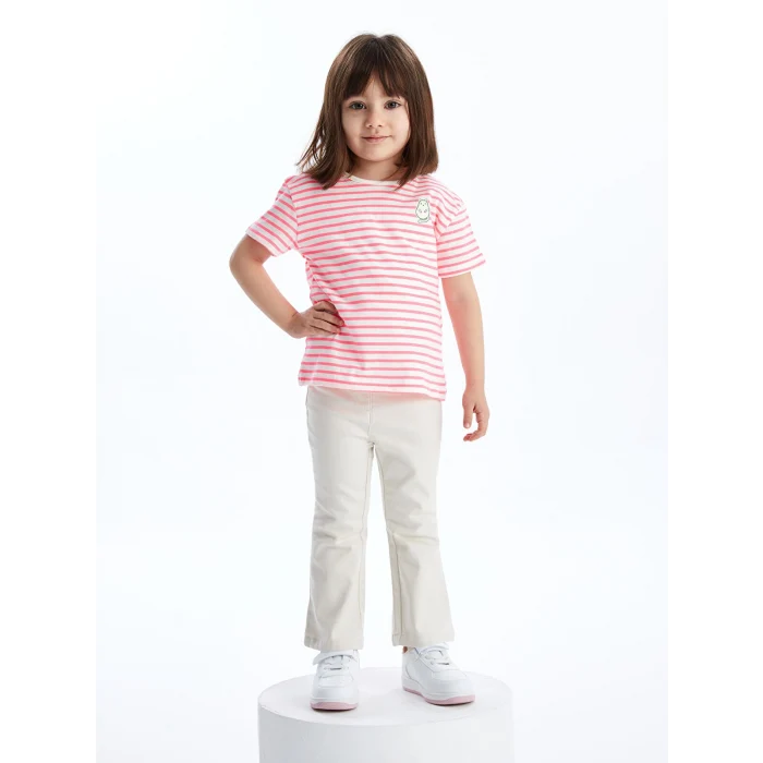 LCW Kids Pembe Bisiklet Yaka Kısa Kollu Çizgili Kız Bebek Tişört