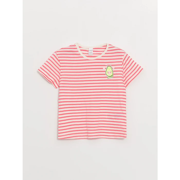 LCW Kids Pembe Bisiklet Yaka Kısa Kollu Çizgili Kız Bebek Tişört