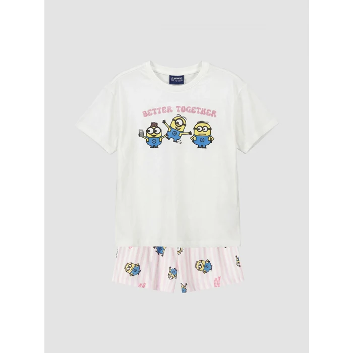 LCW Kids Ekru Minions Baskılı Kız Çocuk Şortlu Pijama Takım