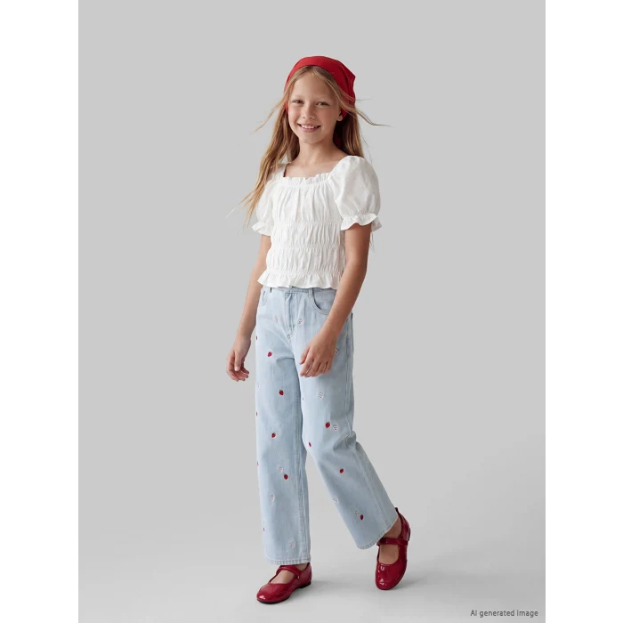 LCW Kids İndigo Wideleg Çilek Nakışlı Kız Çocuk Jean Pantolon