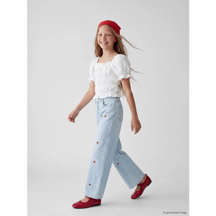 LCW Kids İndigo Wideleg Çilek Nakışlı Kız Çocuk Jean Pantolon