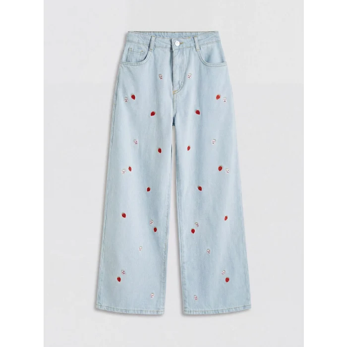 LCW Kids İndigo Wideleg Çilek Nakışlı Kız Çocuk Jean Pantolon