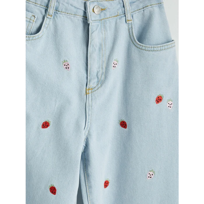 LCW Kids İndigo Wideleg Çilek Nakışlı Kız Çocuk Jean Pantolon