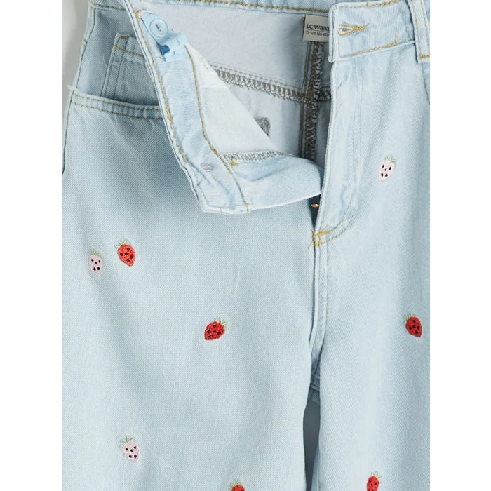 LCW Kids İndigo Wideleg Çilek Nakışlı Kız Çocuk Jean Pantolon