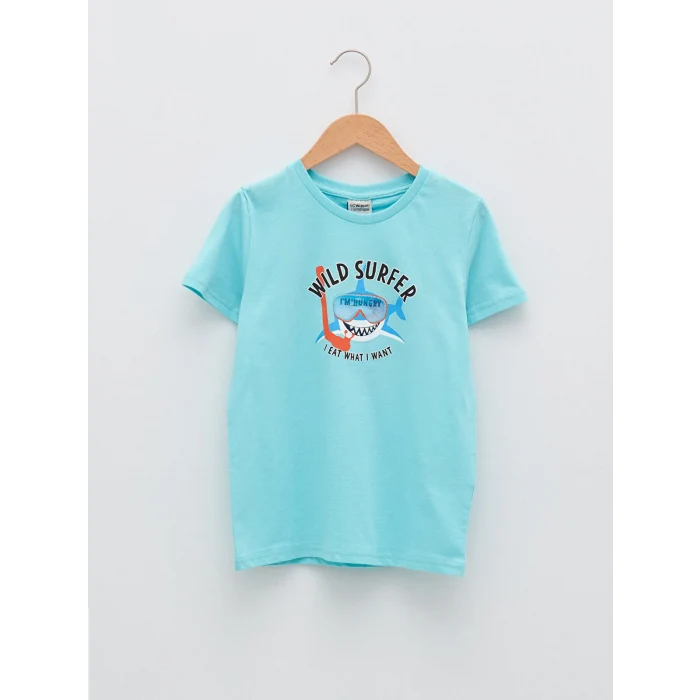 LCW Kids Turkuaz Bisiklet Yaka Baskılı Kısa Kollu Pamuklu Erkek Çocuk Tişört
