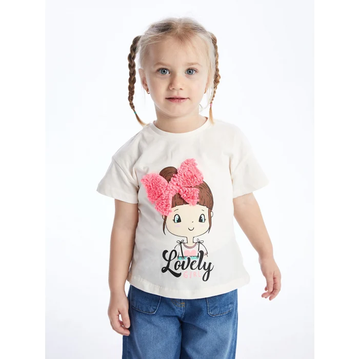 LCW Kids Ekru Bisiklet Yaka Baskılı Kısa Kollu Kız Bebek Tişört
