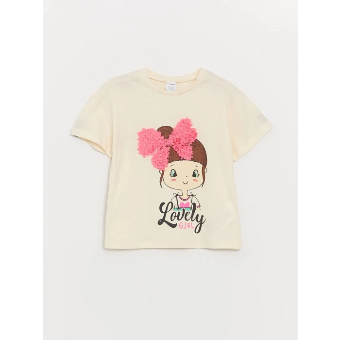 LCW Kids Ekru Bisiklet Yaka Baskılı Kısa Kollu Kız Bebek Tişört